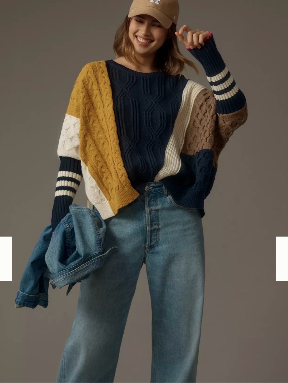 Maeve Colorblock Cable Knit Sweater - Navy, Mustard, Cream, Brown